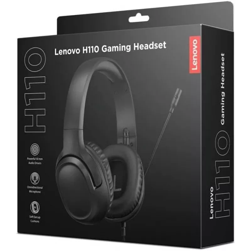 Lenovo H110 auscultadores gaming GXD1P46879, com fio, 3,5 mm, microfone integrado, transdutor de 50 mm, 50 Hz-20 kHz, 32 Ω, pretos