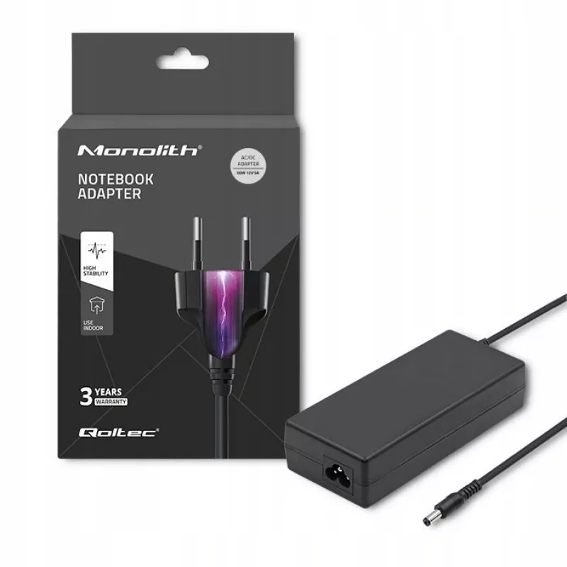 Qoltec 50797 fonte de alimentação de secretária 60 W, 12 V, 5 A, 5,5x2,1 mm, com cabo de alimentação