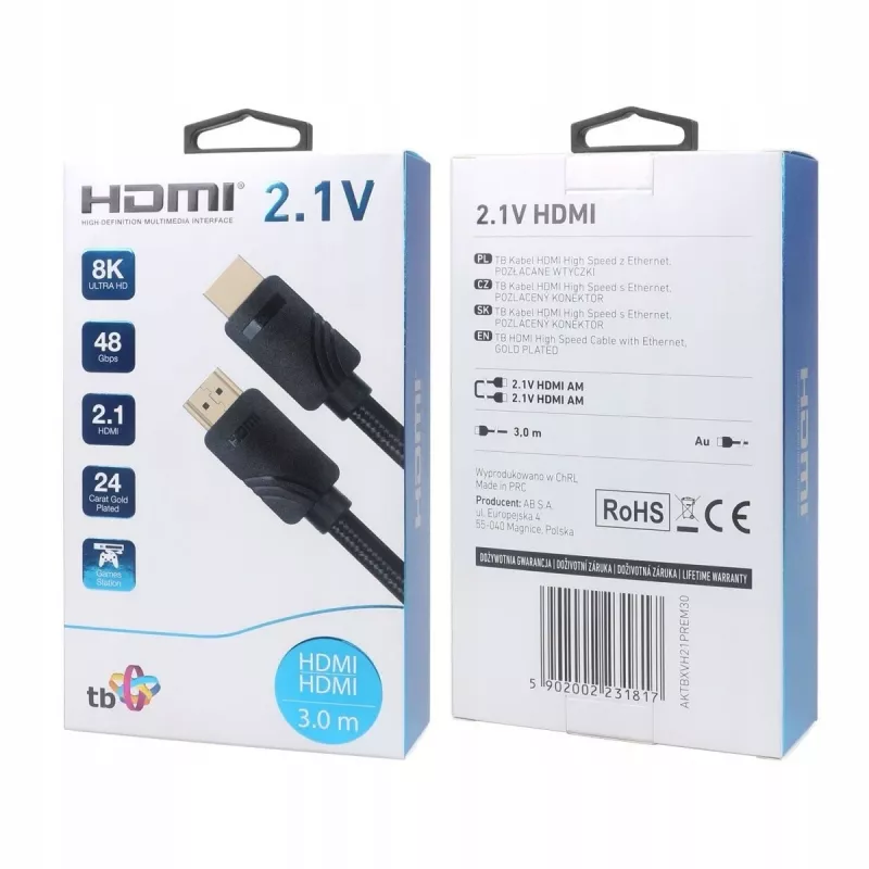 Cabo HDMI v 2.1 Premium 3 m 8K Preto Desenvolvido para gamers