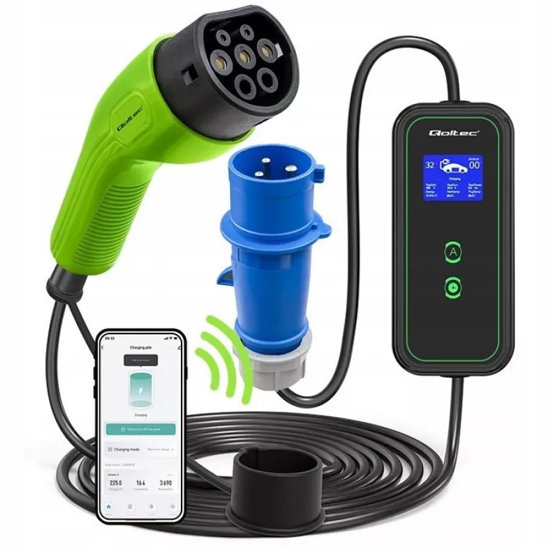 Carregador móvel para carro elétrico Qoltec ajustável 2em1 Type2 | 7kW | 230V | CEE 3 PIN | Wi-Fi | LCD | portátil | wallbox | 5m