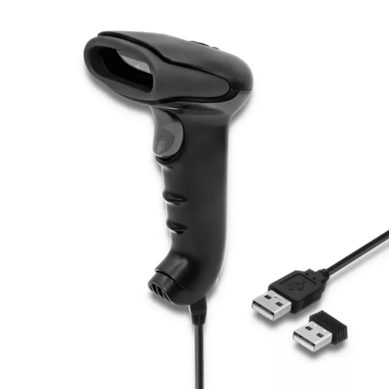 Leitor de códigos de barras manual QOLTEC 50868 — leitor laser 1D/2D, USB com e sem fios, distância de trabalho 600 mm, preto