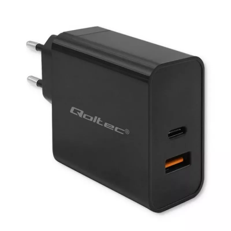 Carregador Qoltec 52380 Super Quick PD | 1xUSB-C | 1xUSB | 65W | 5-20V | 1,5-3,25A | preto