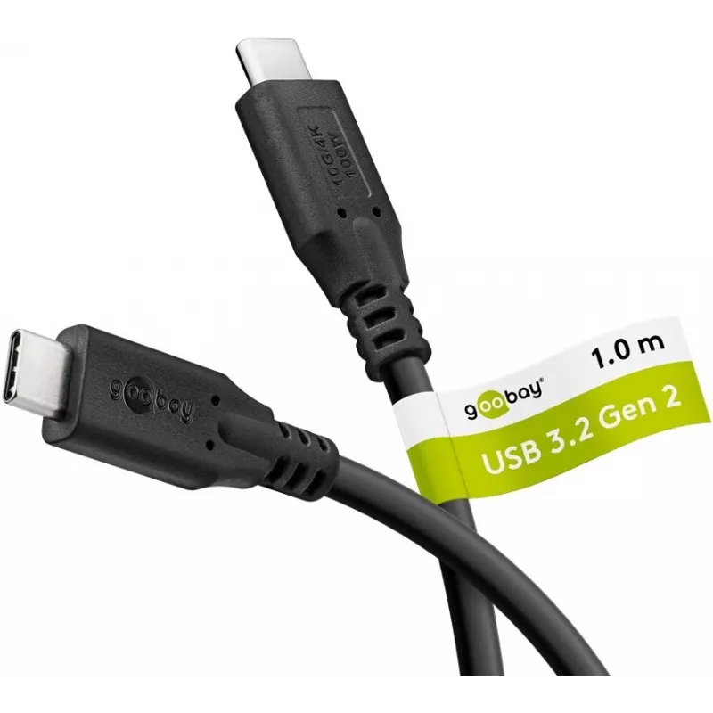 Cabo USB-C para USB-C 3.2 Gen2, 10 Gbit/s, 1m, preto, Power Delivery 3.0, 100W, 4K, 60Hz