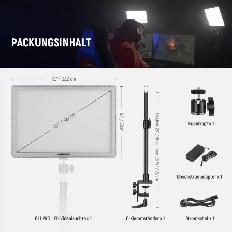 Lâmpada LED Neewer GL1 Pro 2900–7000K luz de estúdio bi-color portátil com temperatura de cor ajustável