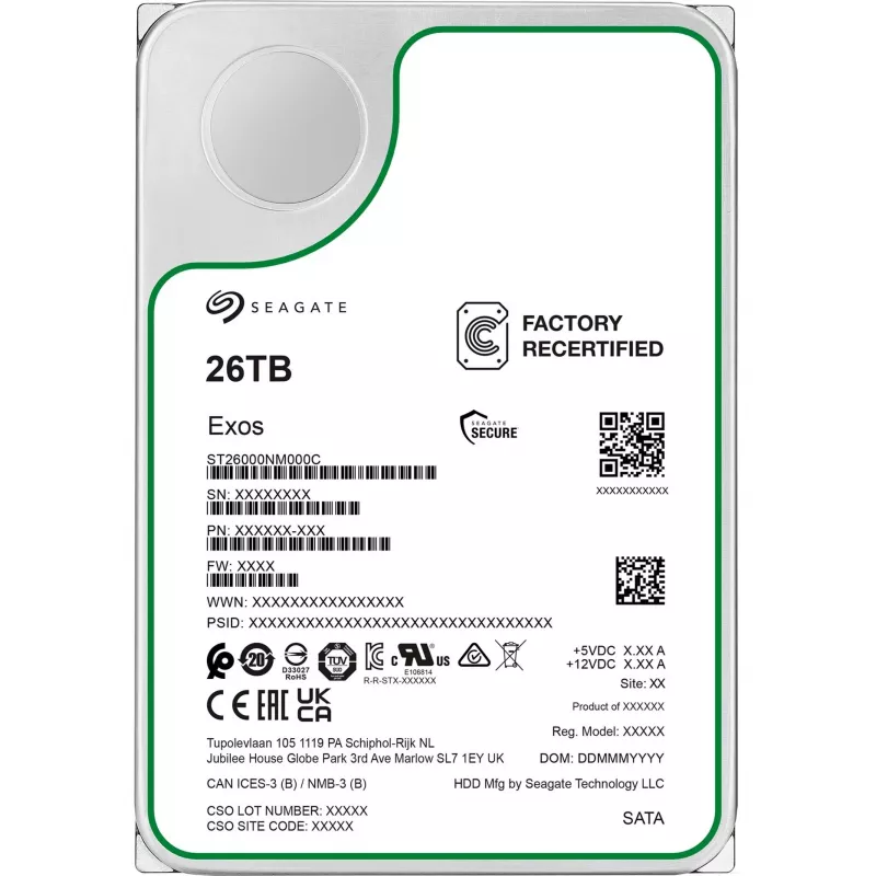 Seagate Exos ST26000NM000C-FR disco rígido de 26 TB 3,5 polegadas SATA-600, 7200 rpm, Factory Refurbished