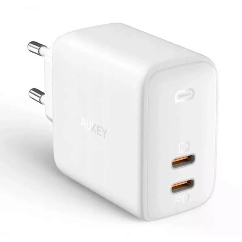 Carregador de parede Aukey PA-B4 2x USB branco GaN – fonte de alimentação USB compacta com duas portas USB