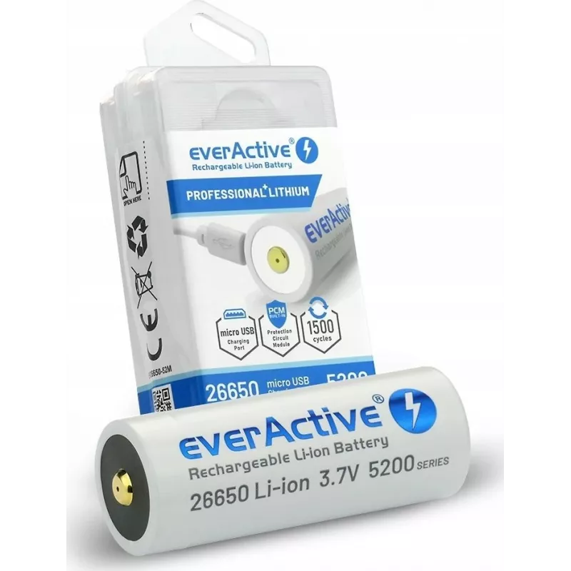 Bateria recarregável everActive EV26650-52M 3,7V 5200mAh com função de carregamento micro-USB