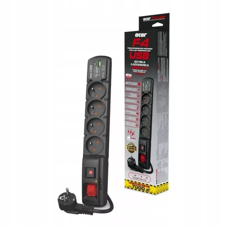 Cabo de proteção contra sobretensões Acar F4 USB A+C (carregador rápido) 5m ; preto