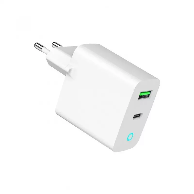Carregador de rede 220V GEMBIRD, universal, 1x USB Type-C PD 20 W, 1x USB-A 3.0 QC 18 W, indicador LED, branco