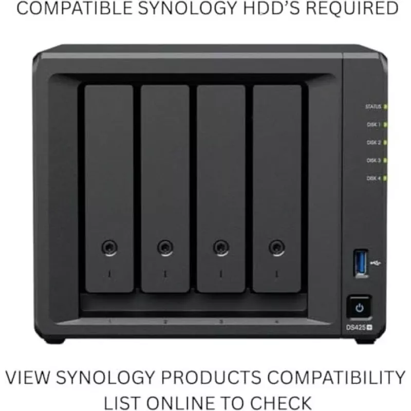 Servidor de armazenamento NAS SYNOLOGY DS425+ — 4-Bay, Intel Celeron J4125 2,0–2,7 GHz, 2 GB DDR4, 0 TB, 2,5GbE, 2 ranhuras M.2