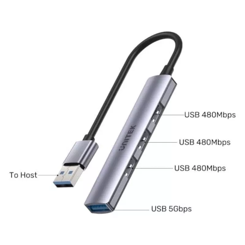 Unitek H1208A hub USB-A, 4 portas (1x USB-A 5 Gbps, 3x USB-A 2.0), alumínio, prateado