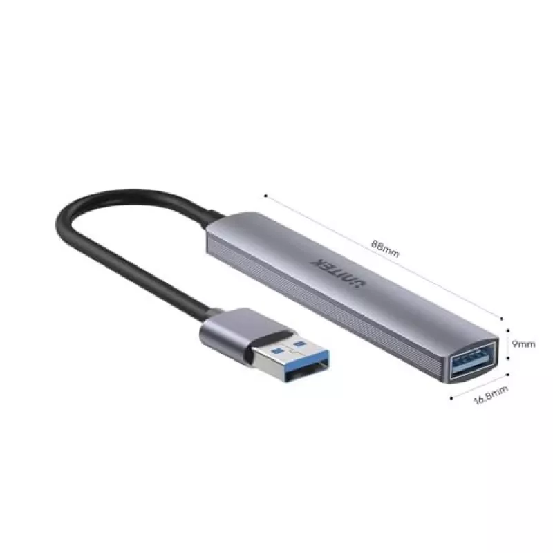 Unitek H1208A hub USB-A, 4 portas (1x USB-A 5 Gbps, 3x USB-A 2.0), alumínio, prateado