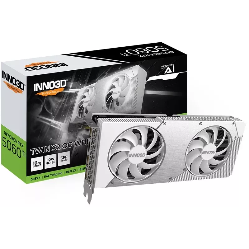 Placa gráfica Inno3D GeForce RTX 5060 Ti — 16 GB GDDR7, PCIe 5.0, 448 GB/s, 250 mm, 2 slots, branco