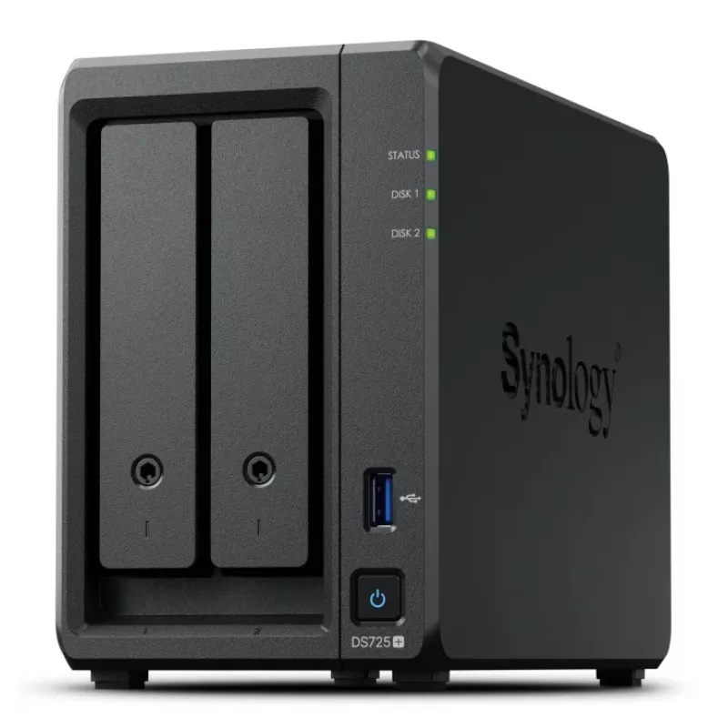NAS Synology DiskStation DS725+ 2-Bay Ryzen R1600 4GB DDR4 ECC, 2.5GbE, 2x M.2, suporte RAID, 0TB, preto