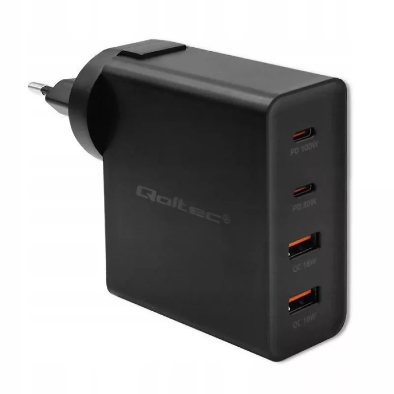Carregador Qoltec GaN POWER PRO | 2xUSB-C | 2xUSB | 130W | 5-20V | 1.5-5A | XP | preto
