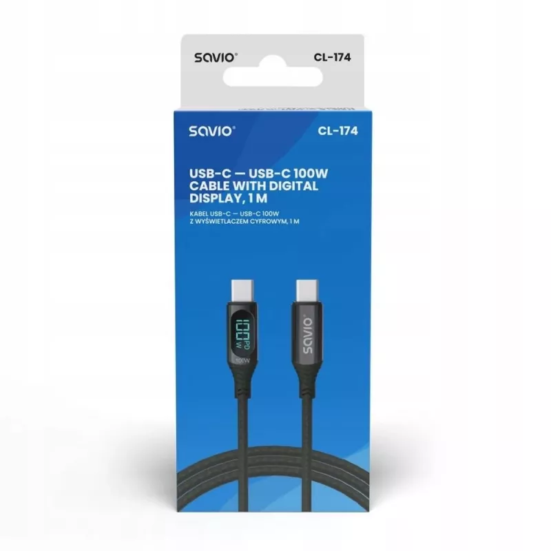 Savio CL-174 cabo USB-C para USB-C, 100 W, Power Delivery/Quick Charge, visor digital, 1 m, verde