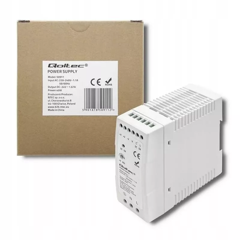 Fonte de alimentação para calha DIN Qoltec | 40W | 24V | 1.67A | branco | slim