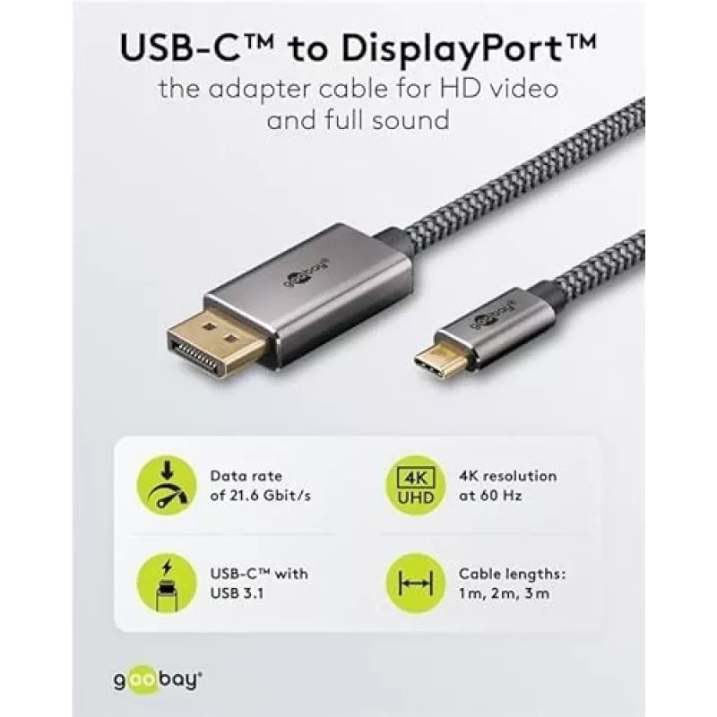 Goobay 75705 cabo de USB-C para DisplayPort, 4K 60 Hz, 2 m, 21,6 Gbit/s, preto