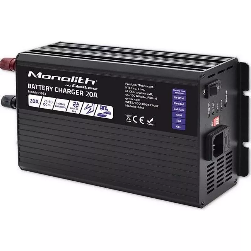Carregador de baterias inteligente Qoltec Smart Monolith para baterias LiFePO4 AGM GEL SLA | 20A | 24V