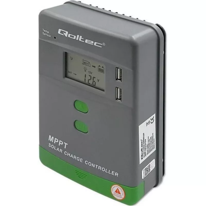 Qoltec, controlador de carga solar MPPT com sensor de temperatura 20A 12V/24V visor LCD 2 X USB