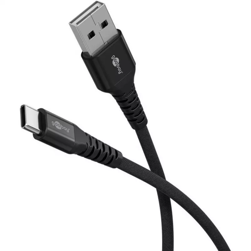 Cabo Goobay USB-C Fabric Supersoft com fichas metálicas, 2 m, preto (2m, USB 2.0, 60W), cabo USB