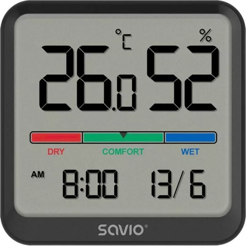 Savio CT-01/B sensor sem fios de temperatura e humidade para interior, LCD, relógio, data, suporte magnético, preto