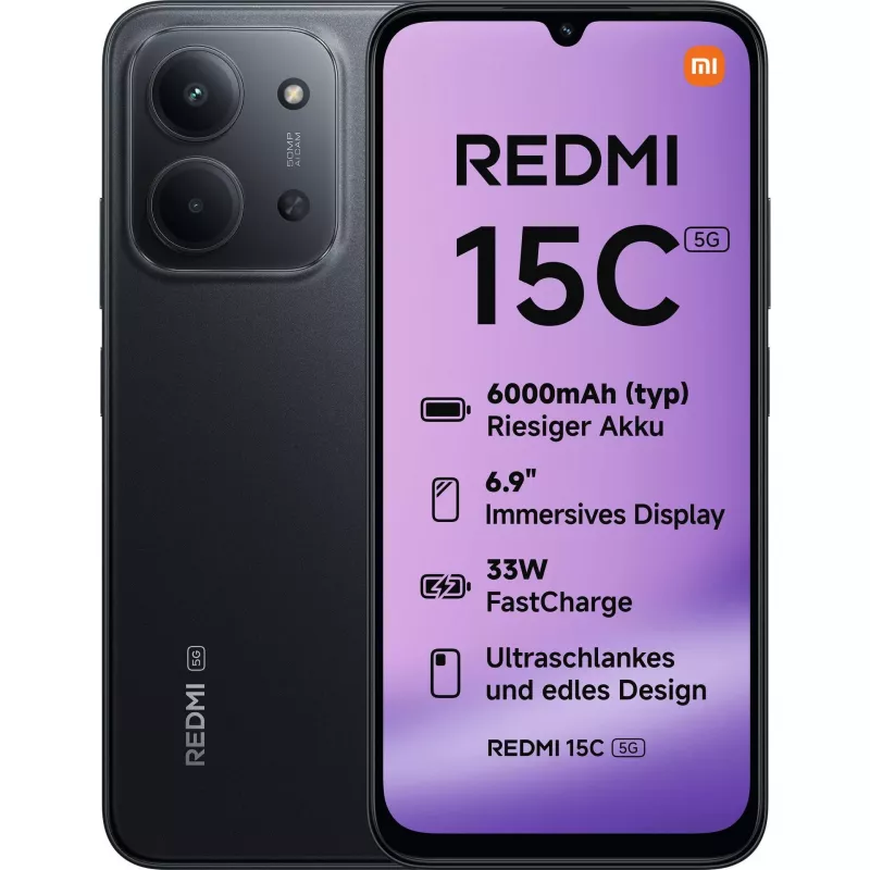 Xiaomi Redmi 15C | Midnight Black | 6,9 polegadas | IPS LCD | 720 x 1600 píxeis | RAM interna 4 GB | 128 GB | Dual SIM | 5G | Câmara principal 50 MP | Câmara secundária