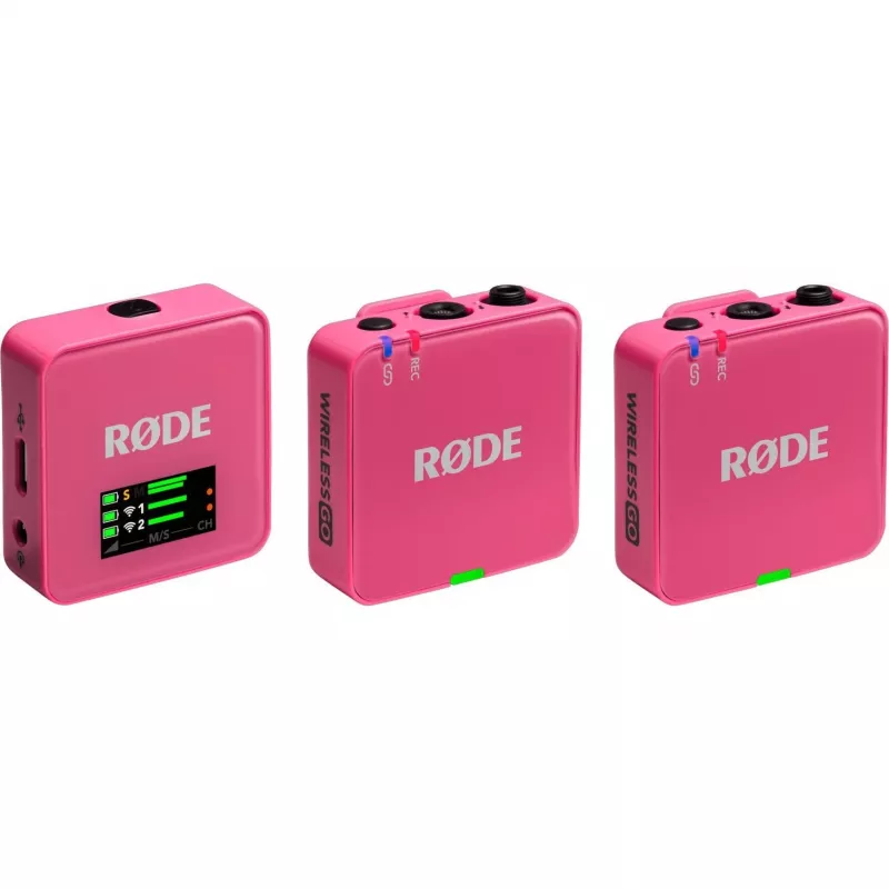 Microfone sem fios RODE Wireless GO III rosa — sistema compacto de transmissor e recetor de dois canais