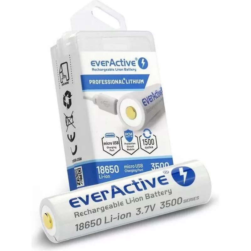 Bateria Li-Ion 18650 3,7V everActive 3500mAh (1 unid.) micro-USB com proteção