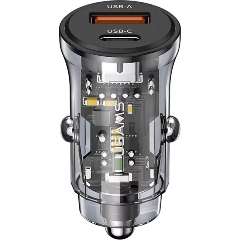 Carregador de automóvel usams CC164CC01 30W com 1×USB-A e 1×USB-C para carregamento rápido