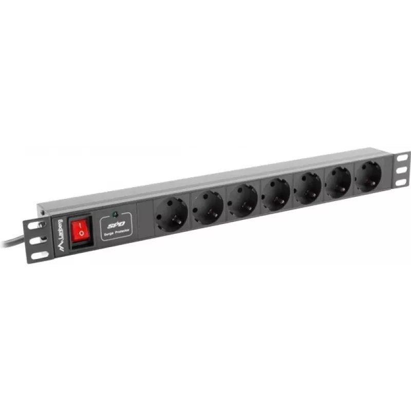 Lanberg | Unidade de distribuição de energia (PDU) 19 polegadas 1U 10A 2M 7x tomadas Schuko | PDU-07F-0200-IEC-BK
