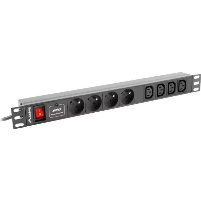 Lanberg PDU-04E04I-0200-IEC-BK PDU de rack 1U, 4x tipo E + 4x IEC C13, 10 A, 2 m, preto