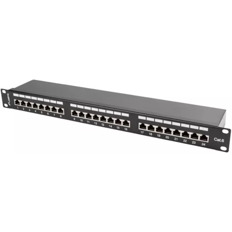 Patch panel 1U LANBERG PPS6-1024-B, 24 portas Cat6, metal, preto, 442×114,5×44,5 mm