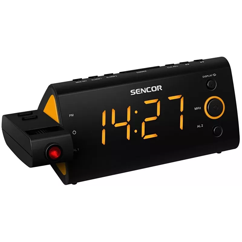 Rádio-relógio SENCOR SRC 330 OR — rádio-relógio FM com visor LED de 1,2 polegadas, duplo alarme, projeção vermelha 180°, temperatura interior, backup de pilha