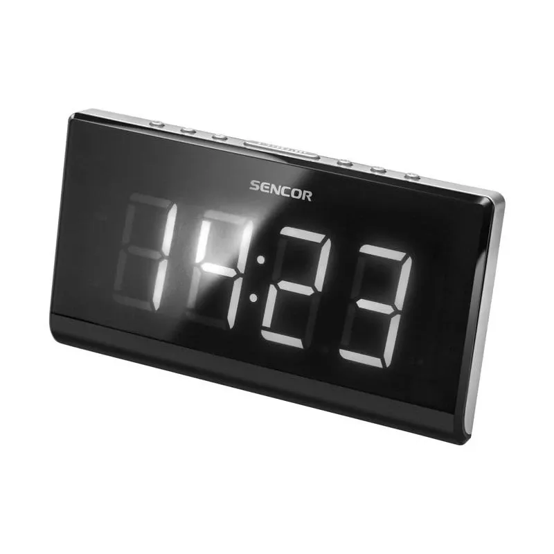 Rádio-relógio SENCOR SRC 340 — rádio-relógio FM com ecrã LED branco de 1,8 polegadas, projeção vermelha de 180°, duplo alarme, 10 estações FM memorizadas, backup por pilha