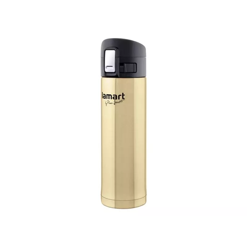 Garrafa térmica LAMART LT4009 420 ml dourada, interior em aço inoxidável, abertura com botão, Ø 6,4 cm