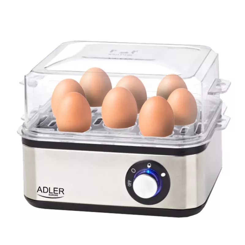 Cozedor de ovos Adler AD 4486 — capacidade para 8 ovos, 800 W, aço acetinado preto com tampa transparente