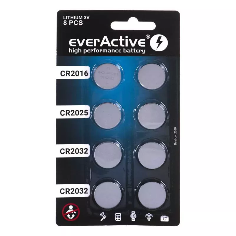 Conjunto de 8 pilhas de lítio everActive 4 x CR2032, 2 x CR2025, 2 x CR2016