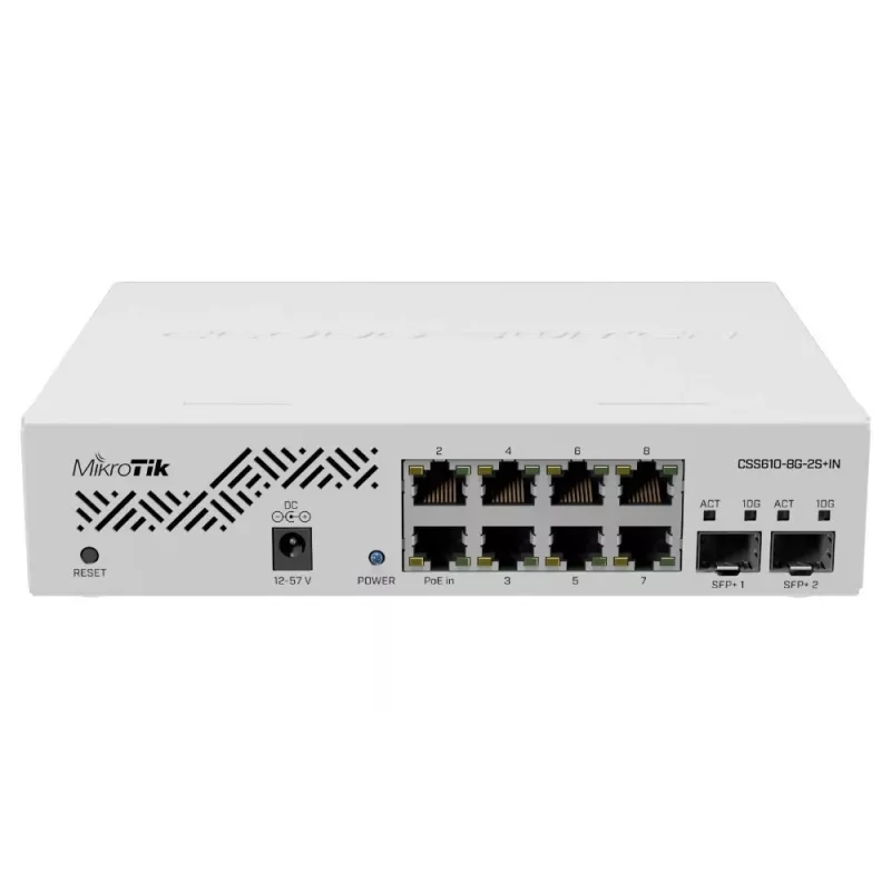 Switch de rede MikroTik CSS610-8G-2S+IN — 8x Gigabit RJ-45, 2x SFP+ 10G, PoE, entrada 12–57V