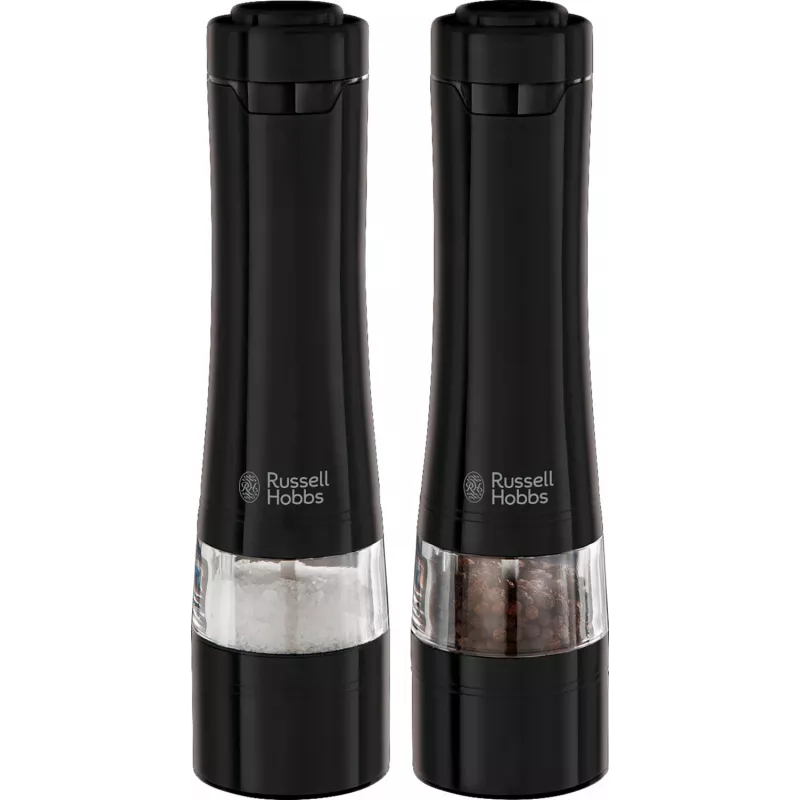 Conjunto de moinhos de sal elétricos Russell Hobbs 28010-56 (alta qualidade, automático, moagem ajustável, luz na base, design metálico preto) Moinho de pimenta