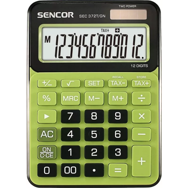 Calculadora de secretária SENCOR SEC 372GN LCD de 12 dígitos, operações básicas, alimentação solar e por pilha
