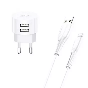 Carregador usams T20 2x USB 2.1A com cabo Lightning – carregador de parede USB portátil