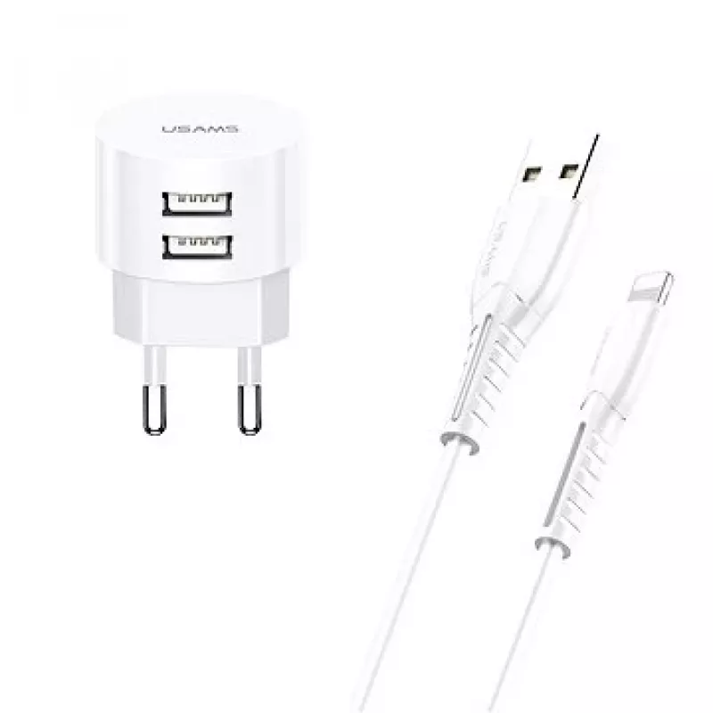 Carregador usams T20 2x USB 2.1A com cabo Lightning – carregador de parede USB portátil