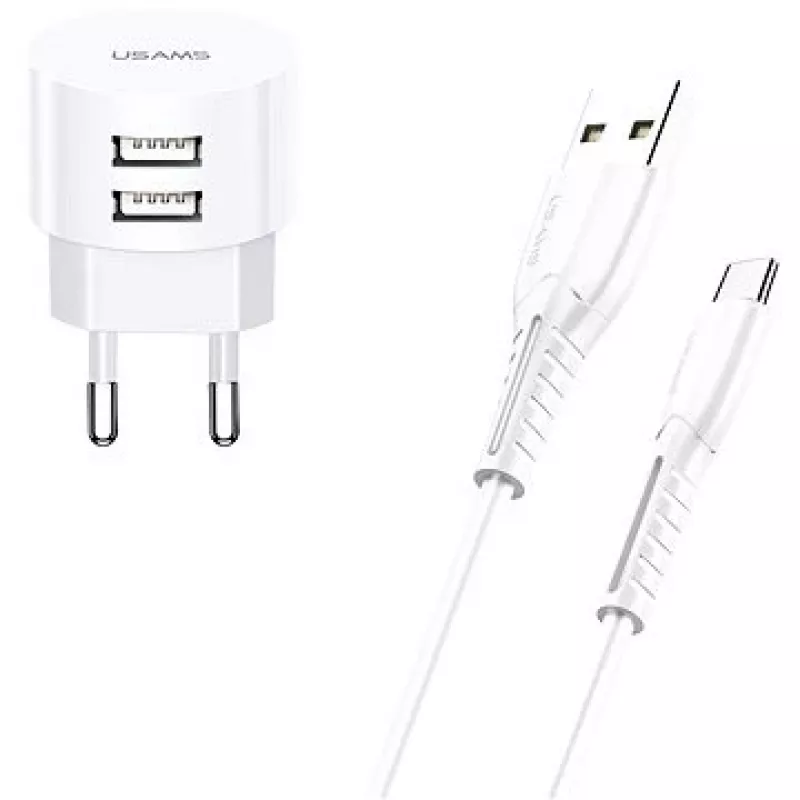 Carregador usams XTXLOGT18TC05 com 2 portas USB e cabo USB-C integrado, saída 2,1A