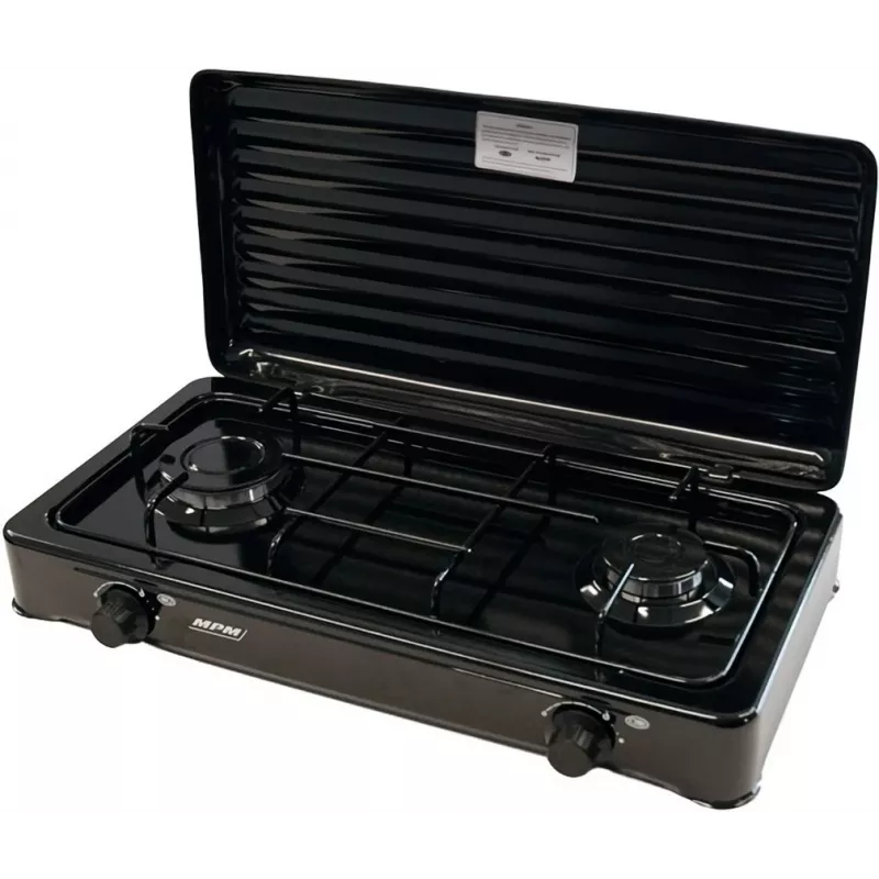 Mpm Kn-02/1kb fogão a gás portátil camping 2 bicos grelha esmaltada tampa de proteção padrão G30-37 Mbar preto