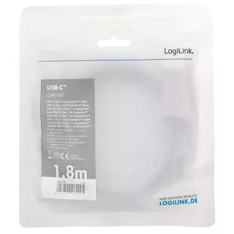 Adaptador de cabo LogiLink CUA0100 DisplayPort USB 3.2 Gen1 Type-C 1,8m preto cinzento