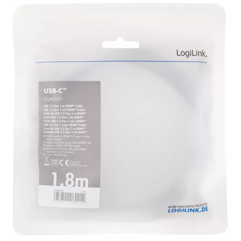 Cabo LogiLink CUA0101 USB 3.2 Gen1 Type-C para HDMI-A 1,8 m preto cinzento
