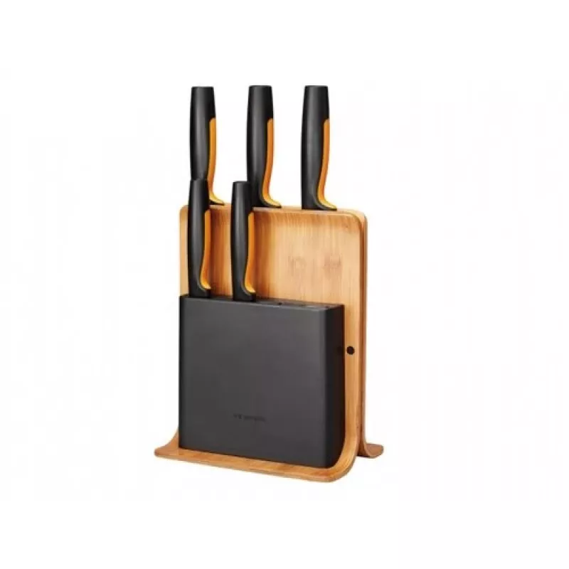 Fiskars Functional Form 1057552 conjunto de facas com bloco de bambu, 5 facas, aço inoxidável, preto/laranja