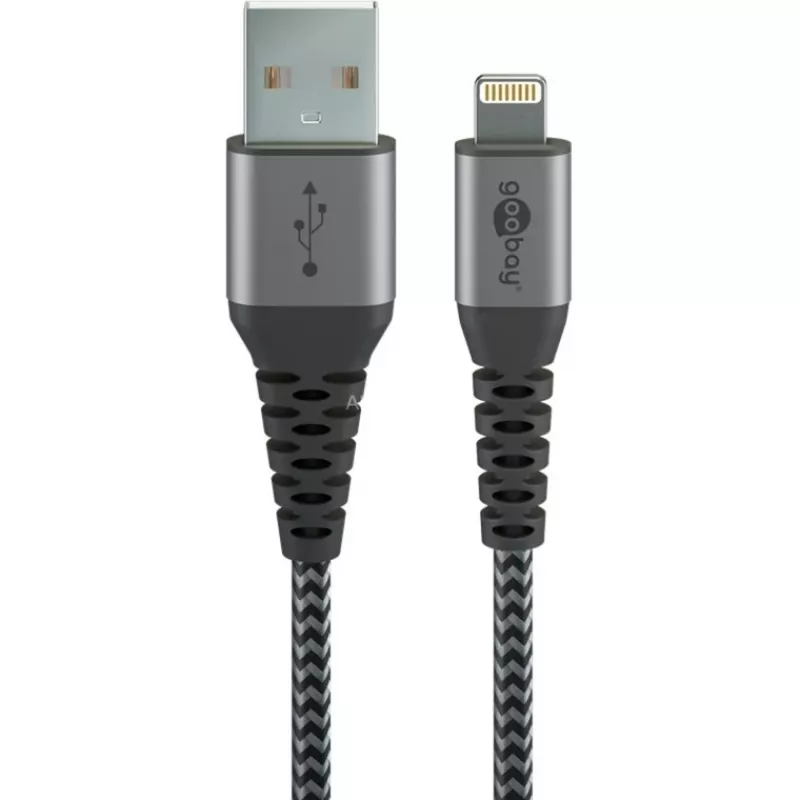 Goobay 49268 cabo têxtil de Lightning para USB-A com fichas metálicas, MFi, 1 m, cinzento sideral/prateado