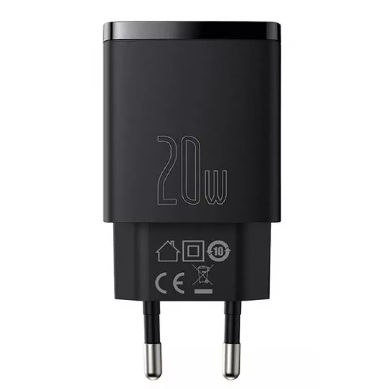 Carregador rápido USB de interior Baseus CCXJ-B01 – 2 portas (USB-C PD 20W + USB-A QC3.0 18W), 100–240 V, preto
